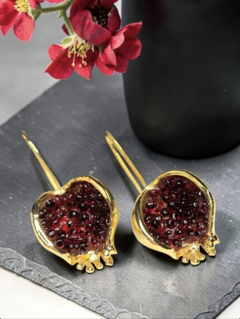 18k Gold Plated Genuine Garnet Pomegranate Dangle Earrings